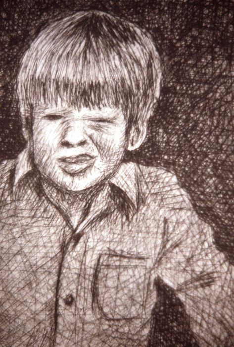 Pen-and-ink crosshatch portrait of a young boy