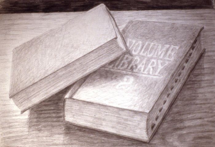 Pencil still life of two old library volumes