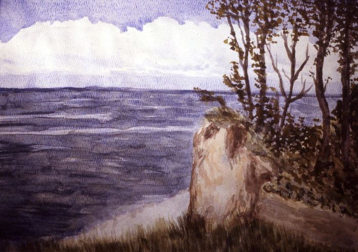 Watercolor of a wooded cliff above a lake