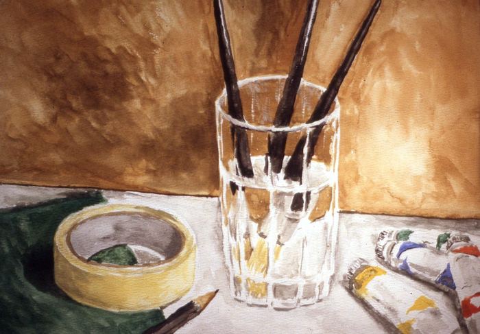 Watercolor still life of paintbrushes in a glass of water with paint tubes