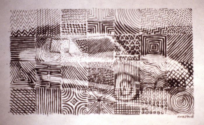 Pen-and-ink grid of textures and patterns overlaying a hidden image